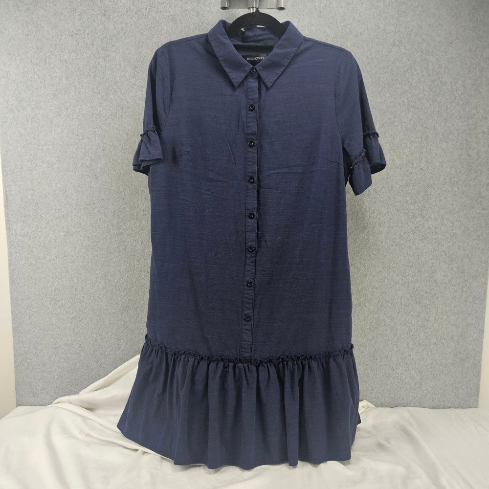 MEROKEETY Ruffle Hem Drop-Waist Shirt Dress Womens Sz M Preppy Boho Minimalist